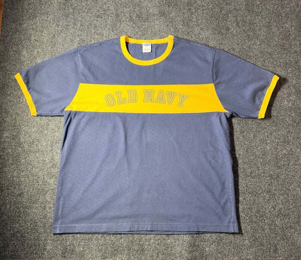 Old Navy Blue and Yellow Ringer T-Shirt with 'OLD NAVY' Arch Logo